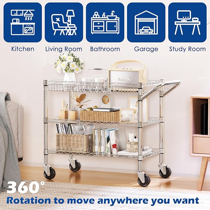 NTE Utility Cart with Wheels, 990lbs Capacity Metal 3 Tier Rolling Carts, NSF Kitchen Carts On Wheels with Storage, Heavy Duty Utility Cart with Handle & Wire Shelf for Indoor & Outdoor Use, Silver