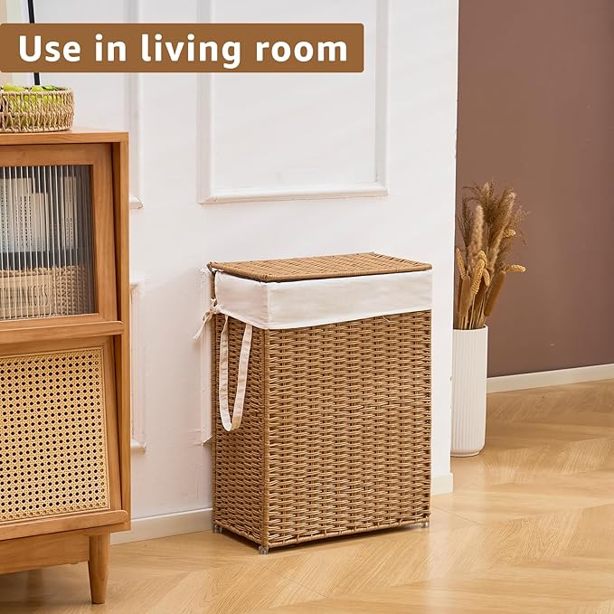 Slim Wicker Laundry Hamper with Lid, 55L Handwoven Rattan Basket with Handles, Narrow Laundry Basket with Removable Liner Bag & 2 Mesh Bags