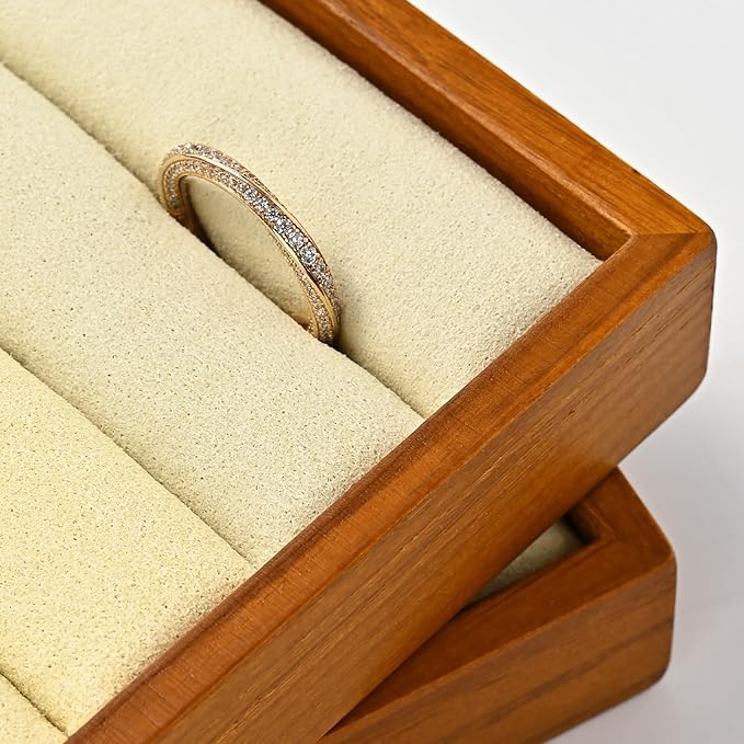 Solid Wood 3-Slots Jewelry Ring Display Tray Showcase Small Jewelry Display Organizer Tray for Rings(S,Beige)