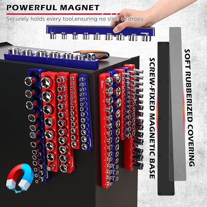 12-Piece 1/4" 3/8" 1/2"-Drive SAE & Metric Magnetic Socket Organizer Set (Holds 143 Sockets) -Detachable Tool Tray with 5mm Magnetic Base for Garage/Home(Sockets Not Included)