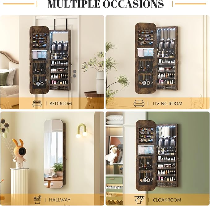 Vlsrka 47.2" LED Mirror Jewelry Cabinet, Wall/Door Mounted Full Length Mirror with Storage, Lockable Jewelry Armoire with Mirror, Rounded Corner Hanging Mirror Jewelry Organizer, Rustic Brown