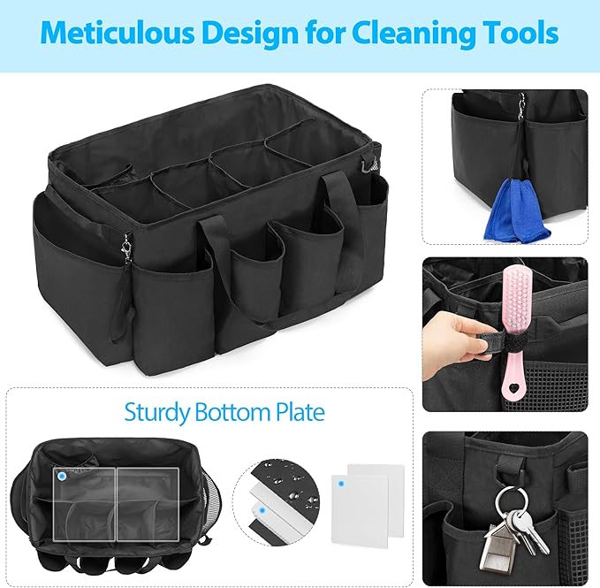 Extra-Large Cleaning Caddy, Organizer with Handles for Cleaning Tools & Products Storage, Large Capacity Tote Bag for Car, Home & Housekeeping Work, Black