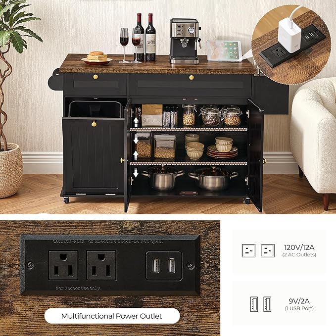 60.2" Kitchen Islands with Storage, Kitchen Island Cart with Trash Can Storage Cabinet, Rolling Kitchen Island Table with Drop Leaf & Power Outlet & Spice Rack & Towel Rack & Knife Holder, Black