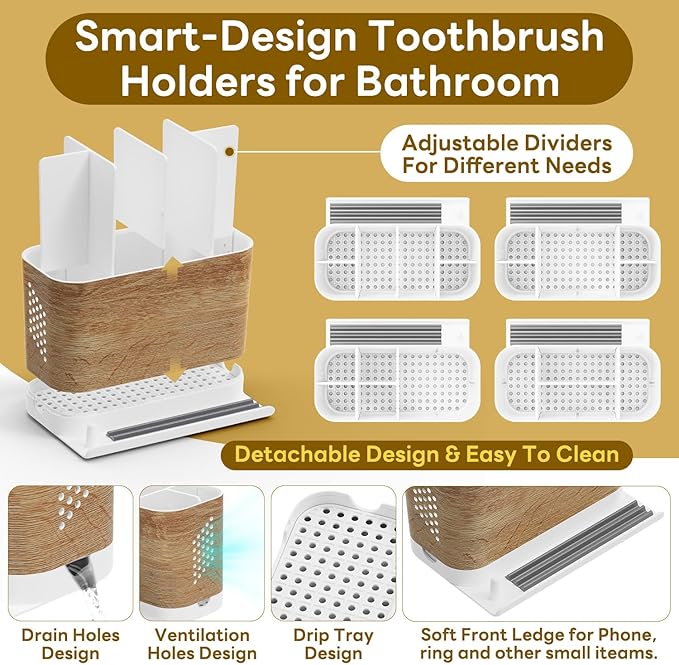 Bathroom Organizers and Storage 6 Slots Wood Grain Electric Toothbrush Holders with Phone Holder and Adjustable Dividers, Cord-Friendly Toothbrush Organizer with Drainage for Family, Kids