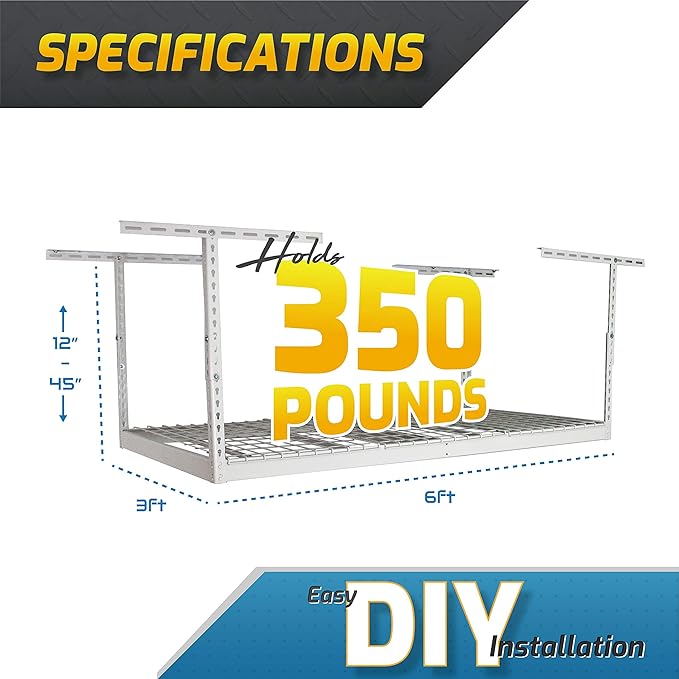 MonsterRax Overhead Garage Storage Rack - Heavy Duty 400 lb Capacity Adjustable Shelving, Easy Ceiling Mount, White (12"-45")