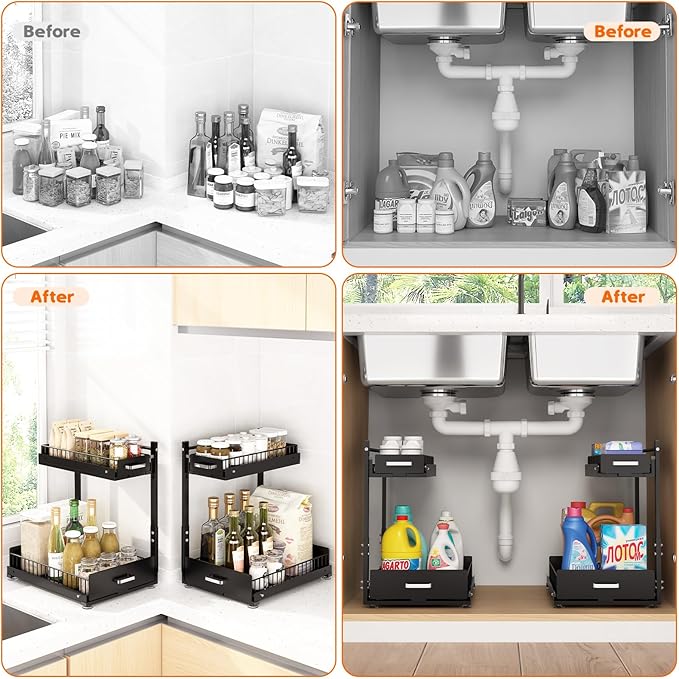 Under Sink Organizer,2 Tier Slide Out Kitchen Cabinet Organizers with Pulley,Under Bathroom Sink Pull Out Organizer with Multiple Height Adjustments for Kitchen and Bathroom Cabinets(Black)