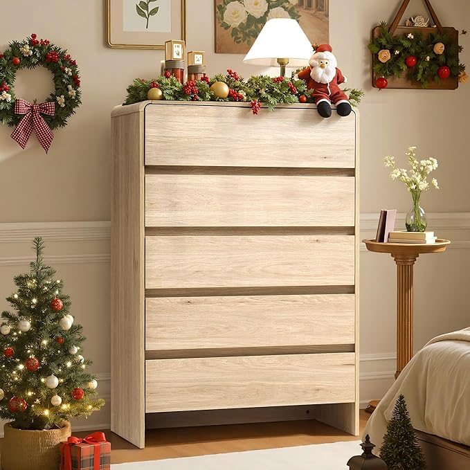 AMERLIFE 5 Drawer Dresser for Bedroom, 48" Tall Modern Chest of Storage Drawers with Rounded Corners, Anti-Tip Kit, Wood Cabinet Organizer for Closet, Apartment, Nursery, Easy Assembly, Light Oak