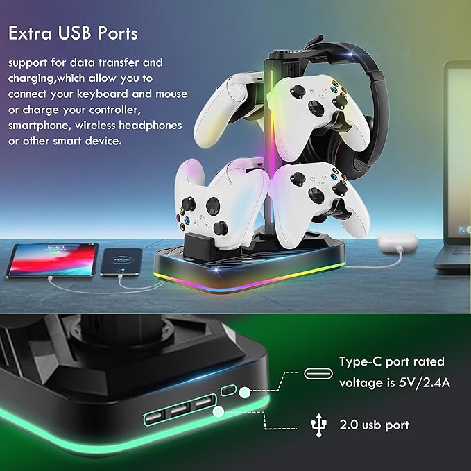 Headphone & Controller Stand with Charging Station for Xbox Series X|S/Elite 2/One/One X/One S/One Elite, RGB Controller Charger Dock for Xbox, Headset and Controller Holder with 3 USB Ports