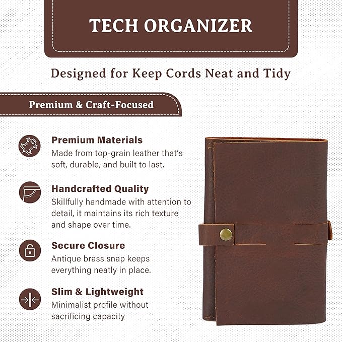 ROGUE WALLET Handcrafted Genuine Leather Tech Organizer - Spacious Phone Cord Organizer, Wide Storage Pockets - Durable & Easy to Maintain Cable Storage Bag for Everyday Use (Brown)