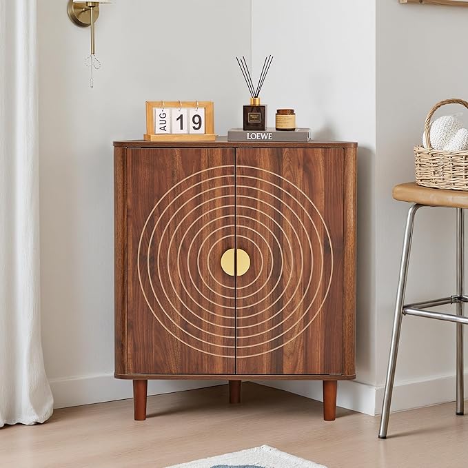 Small Corner Storage Cabinet, Modern Freestanding Floor Cabinet with Magnetic Door Lock and Adjustable Shelves, Small Space Corner Table for Bathroom, Kitchen, Dining Table, Living Room, Walnut