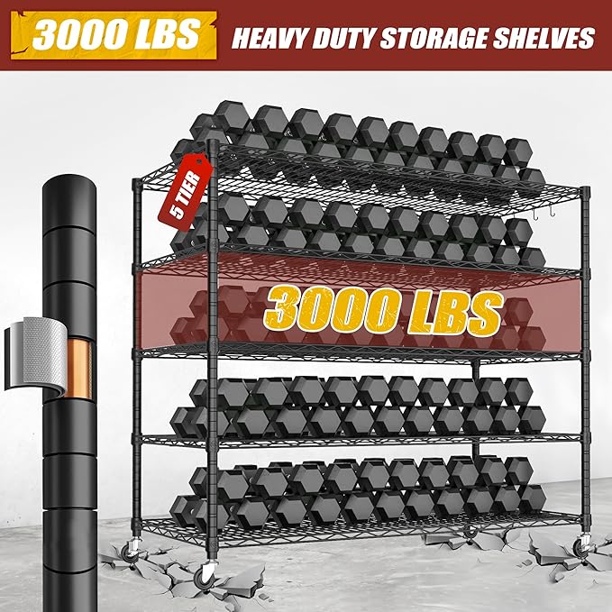 PrimeZone 5 Tier 80.7"H x 55.5"W x 24"D Wire Shelving with Wheels 3000lbs NSF Certified Storage Shelves Heavy Duty Metal Shelf Adjustable Rolling Rack Commercial Garage Restaurant Warehouse Kitchen
