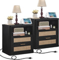 LEYAOYAO Rattan Nightstands Set of 2 with Charger Station, 23" Wide Boho Night Stand with 2 Drawers, Black Bedside Table Open Shlef, Bed Side End Table Dresser for Bedroom, Living Room Hallway