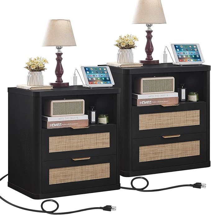 LEYAOYAO Rattan Nightstands Set of 2 with Charger Station, 23" Wide Boho Night Stand with 2 Drawers, Black Bedside Table Open Shlef, Bed Side End Table Dresser for Bedroom, Living Room Hallway