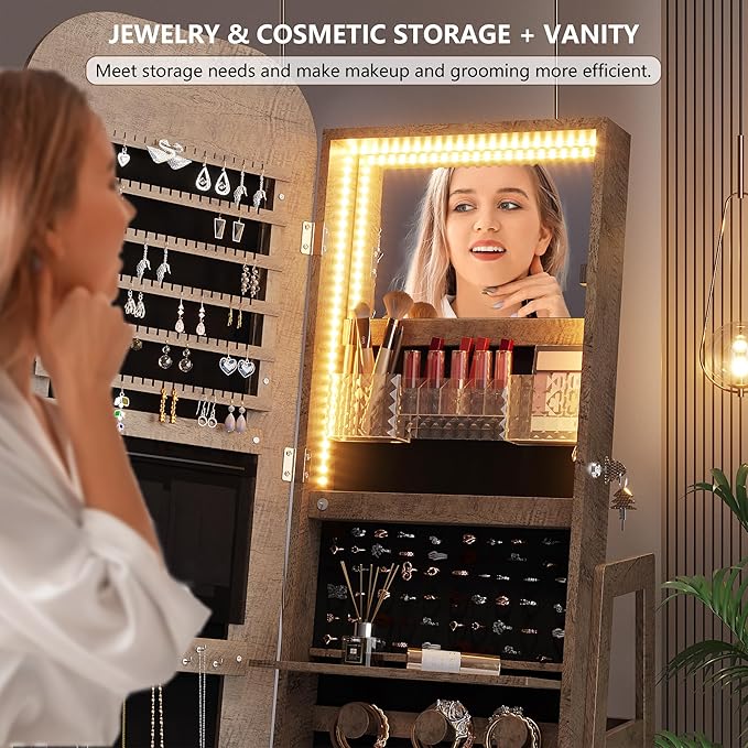 360°Swivel jewelry organizer with Full Length Mirror with Lights,Jewelry Armoires Cabinet Standing with Drawer,Large Mirror Storage for Jewelry and Makeup（Wood）