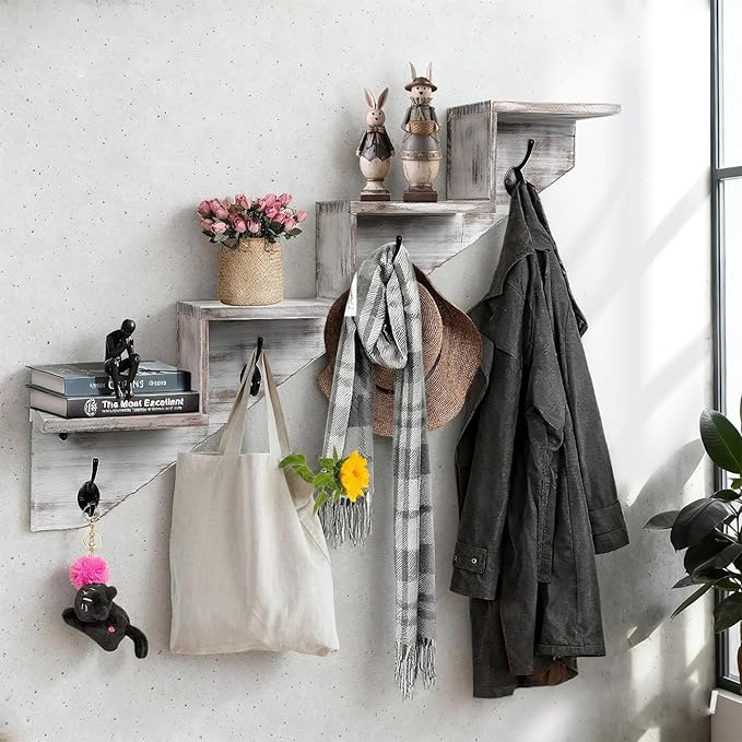 Coat Rack Wall Mount with Shelf, White Ladder Shelf with Hooks Underneath, Wall Mounted Rise Wooden shelves for Decorative, 4 Double Hooks for Hanging Coats, Keys, Books, Flowers, Planter, Towels