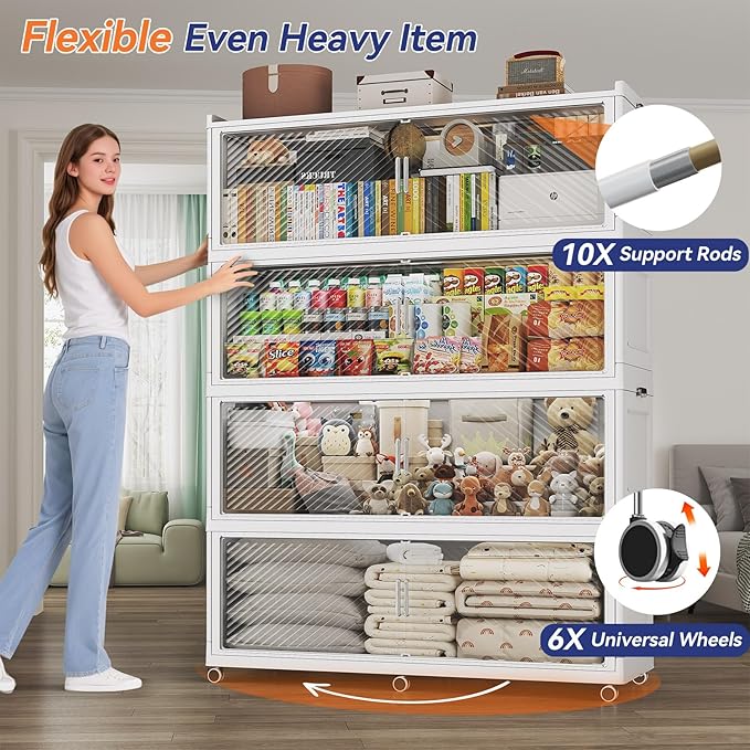 240 Gallon Extra Large Collapsible Storage Bin with Lid, 960QT Stackable Plastic Organizer with 6x Wheels, Foldable Drawer Cabinet for Closet, Living Room Office, Kitchen 3Pack, White