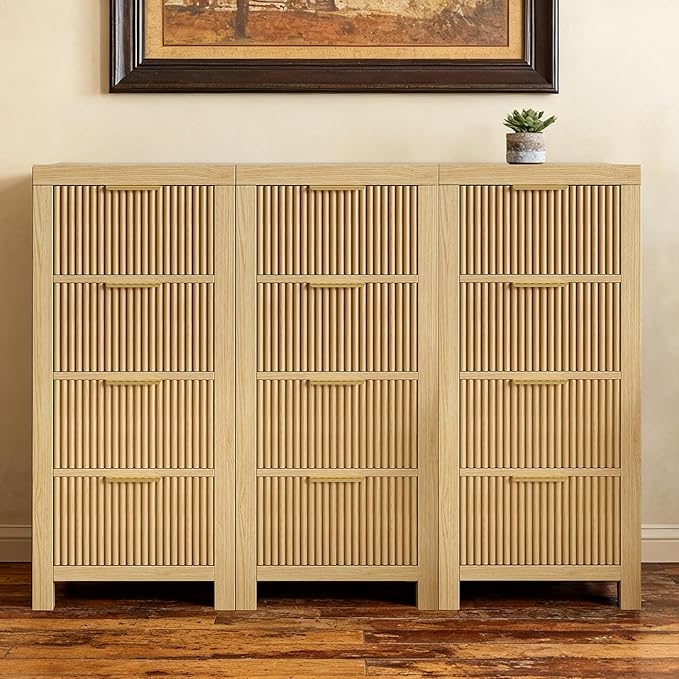 Modern 12-Drawer Solid Wood Dresser with Fluted Front & Gold Handles, Multifunctional Tall Storage Chest, for Hallway, Entryway, Natural X3