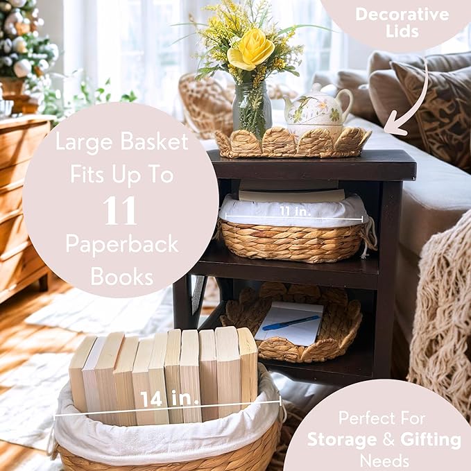 Set of 2 Round Wicker Baskets with Scalloped Lids, Handles, Removable Liners - Decorative Handwoven Water Hyacinth Baskets for Organization of Home, Kitchen, Closet, Pantry, Bathroom, Bread Basket