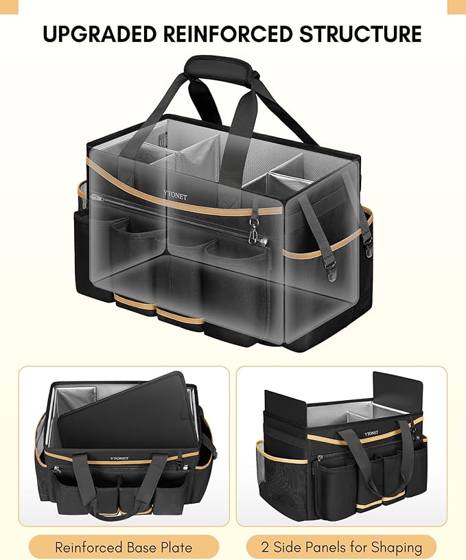 Ytonet Cleaning Caddy Bag with Detachable Apron, Extra Large Cleaning Supplies Organizer with Foldable Dividers, Portable Cleaner Tote with Handle, Cleaner Caddy for Housekeeper, Black