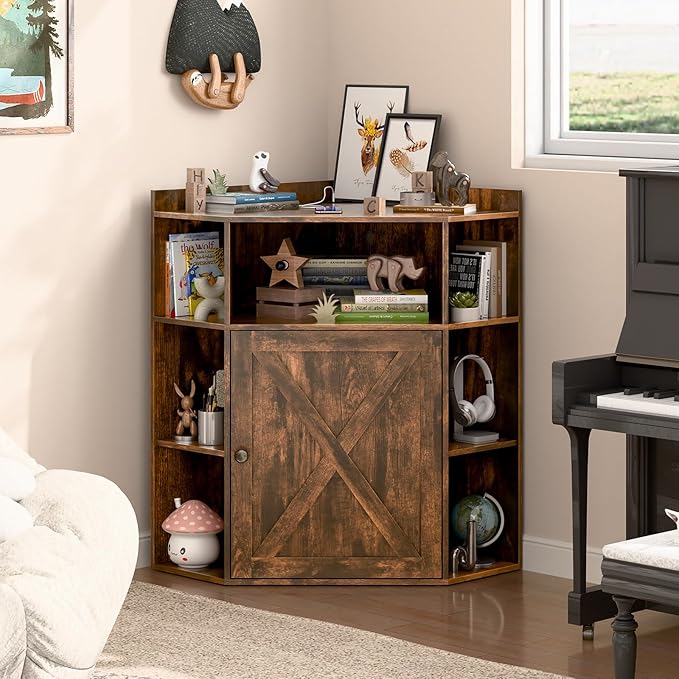 Corner Storage Cabinet, Farmhouse Corner Bookshelf with Storage 6-Cubby Wooden Cabinet with USB Ports and Outlets Industrial Organizer for Small Space, Study, Playroom, Living Room