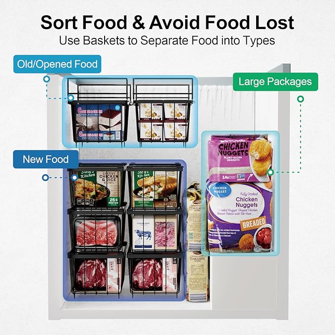 iSPECLE Chest Freezer Organizer Bins 8 Pack - Fit 7 Cu.Ft Deep Freezer, 2 Adjustable Hanging Baskets and 6 Pack Stackable Freezer Bins, Deep Freezer Organizer Bins Sort Frozen Food, Black