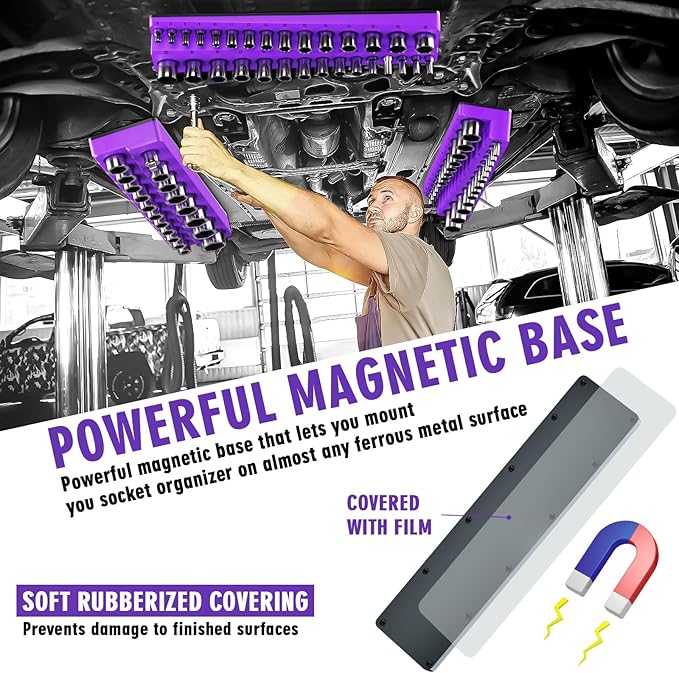Magnetic Socket Organizer Set, 3-Piece Socket Holder Trays for 1/4" 3/8" 1/2" Drive Sockets, Organizes 68 Metric Sockets, Purple Tool Box Organizer (Sockets Not Included)