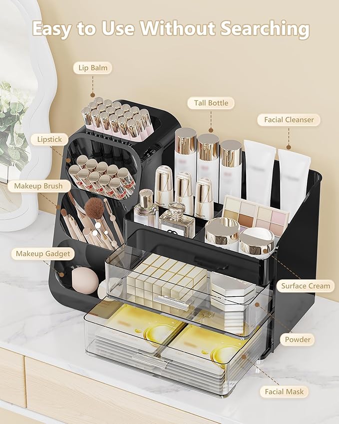 Makeup Organizer with Drawers, Skincare Organizer (Large Size Thick), Storage Box Cosmetic Display Cases, Make up Organizers for Vanity, Dresser, Desk, Kitchen, Countertop (black)