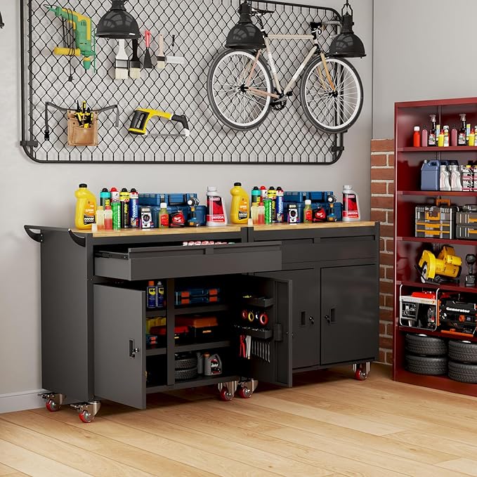 46-inch Rolling Tool Cabinet,Tool Chest Workbench with Wood Top, Casters, Handle, Drawer Liner, Locking System,Tool Storage Workstation with 1200 lb for Warehouse, Factory, Auto Service Bays