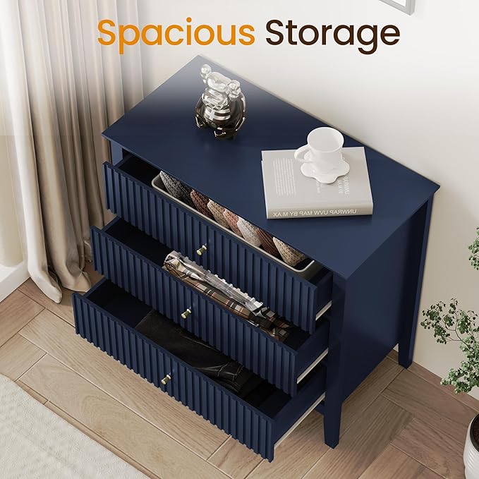 RoyalCraft 32" Large Nightstand Set of 2, Fluted Painted Wood Dresser with 3 Spacious Drawers, Blue Modern Bedside Table for Bedroom