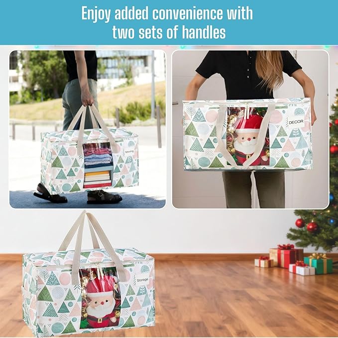 VENO 2 Pack Moving Bags, Large Christmas Storage Bins with lids, Packing Supplies for College, Alternative to Moving Boxes, Foldable, Heavy-Duty Tote, Christmas Pattern (Pastel Forest, 2 Pack)