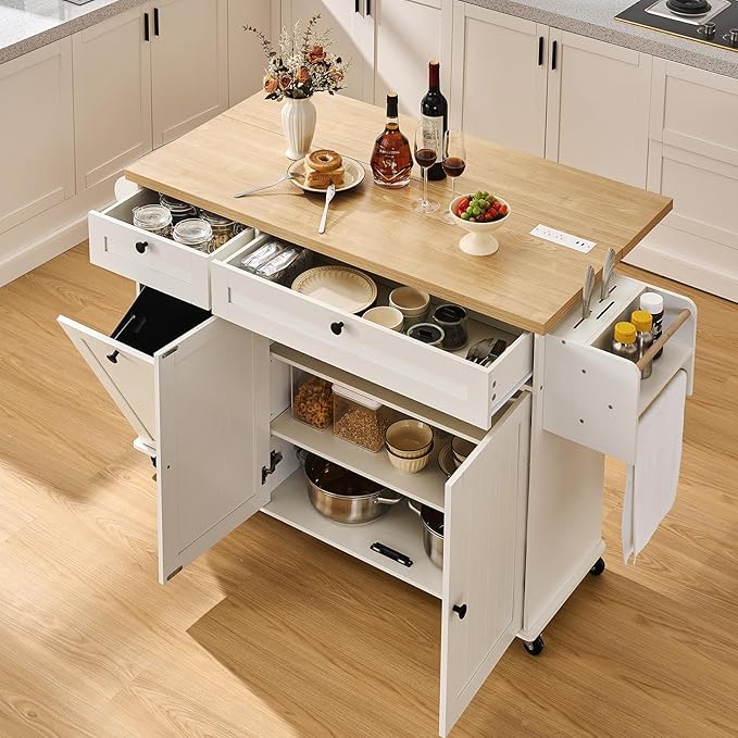60.2" Kitchen Islands with Storage, Kitchen Island Cart with Trash Can Storage Cabinet, Rolling Kitchen Island Table with Drop Leaf & Power Outlet & Spice Rack & Towel Rack & Knife Holder, White