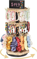 LadyRosian 3-Tier Wooden Rotating Jewelry Display Stand | Bracelet & Keychain Organizer with Advertising Board | 54 Hooks Rustic Holder for Vendor Booth & Stores (3-Tier Round Hexagon)