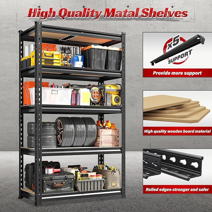REIBII Set of 2 Storage Shelves 5 Tier Garage Shelving Heavy Duty Metal Shelving 2000LBS Garage Shelves Adjustable Metal Shelf for Kitchen Warehouse Pantry Commercial Use 27.6" Wx11.8 Dx60 H