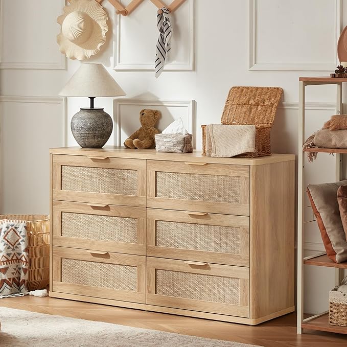 LEYAOYAO Rattan Dresser for Bedroom Set of 2, Boho 48" Wide 6 Drawer Dresser Chest of Drawers, Natural Wood Dressers TV Stand with Metal Handle, Storage Dressers Organizer for Living Room, Hallway