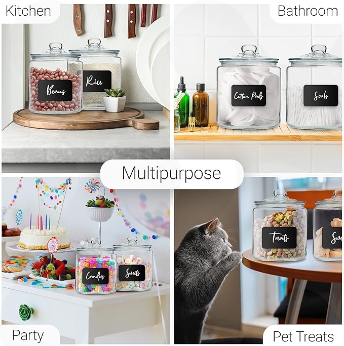 1 Gallon Glass Cookie Jars + Labels & Marker - Set of 2 Canister Sets for Kitchen Counter with Airtight Lids, Sugar Packet Holders Food Storage Containers with Lids Airtight for Pantry, Flour, Sugar.
