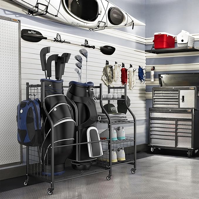 WALMANN Garage Golf Bag Storage Organizer Stand, Extra Large Golf Bag Stand with Golf Accessories Storage Shelves Rolling Golf Bags Organizer