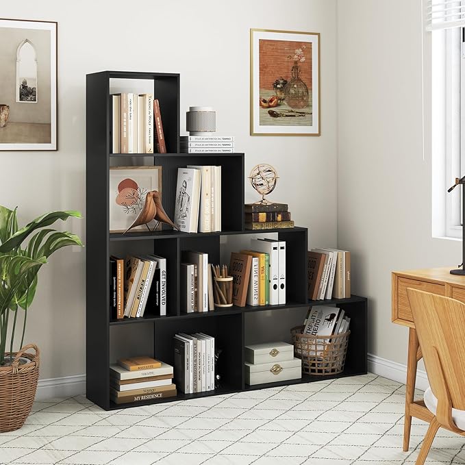 Tangkula 4-Tier Stepped Bookshelf, Freestanding 6 Cubes Ladder Bookcase with Anti-Tipping Kits, 64" Tall Modern Wooden Storage Display Rack for Home Office Living Room Study (2, Black)