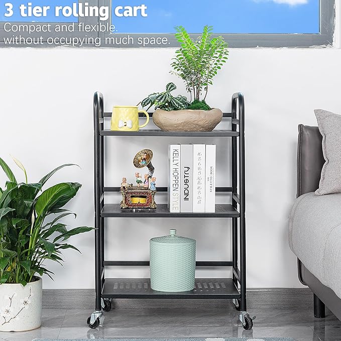 HDANI 3 Tier Rolling Cart,Heavy Duty Multifunctional Metal Frame-Supports 22 Lbs Per Tier,Mesh Rolling Cart with 2 Lockable Wheels for Office,Home,Bedroom,Kitchen,Bathroom,Black