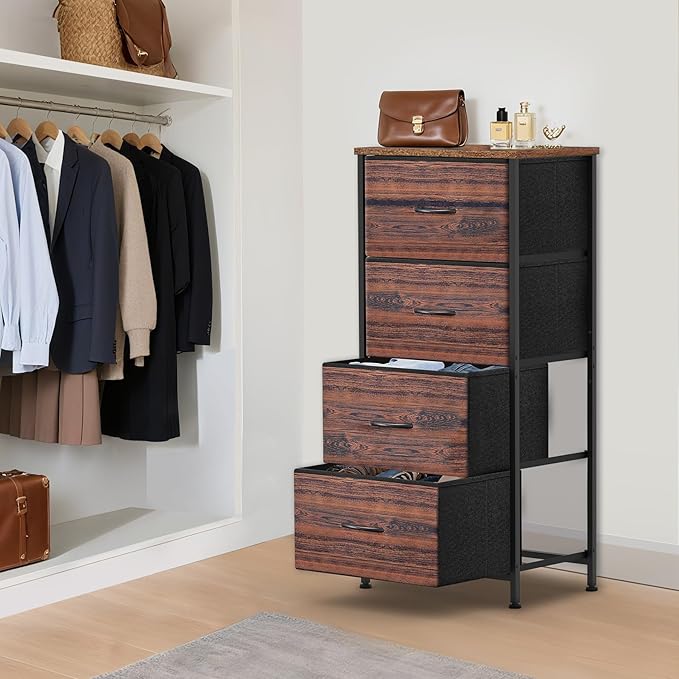4 Fabric Drawer Dresser for Bedroom, Chest of Drawers with Waterproof Wood Top Tall Dresser for Hallway, Living Room, Kid Room (Rustic Brown)