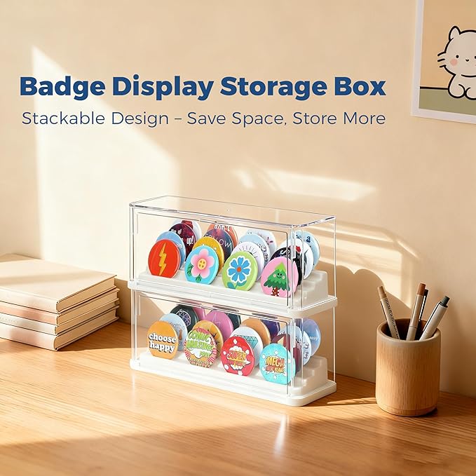 2 Pack Button Pin Display Case – 4-Tier Clear Badge Storage Box, Stackable Dustproof Pin Organizer with Front Door for Button Pins, Enamel Pins, and Collectibles (White-2 Pack)