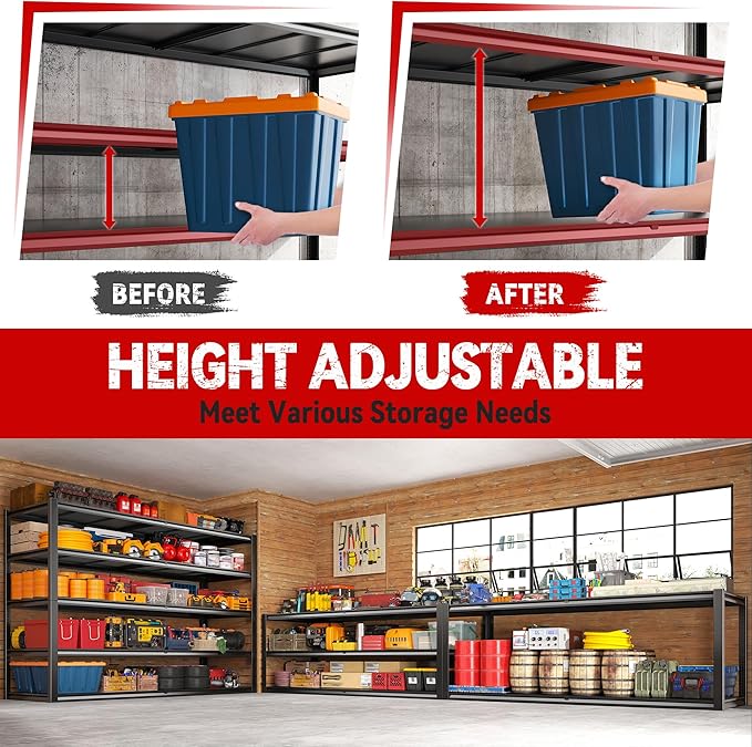 REIBII Garage Shelving 78" H, Storage Shelves Heavy Duty Shelving Unit Load 3000LBS, 5 Tier Adjustable Metal Shelves for Warehouse, Basement, Pantry, Factory, 55" W x 26" D x 78" H