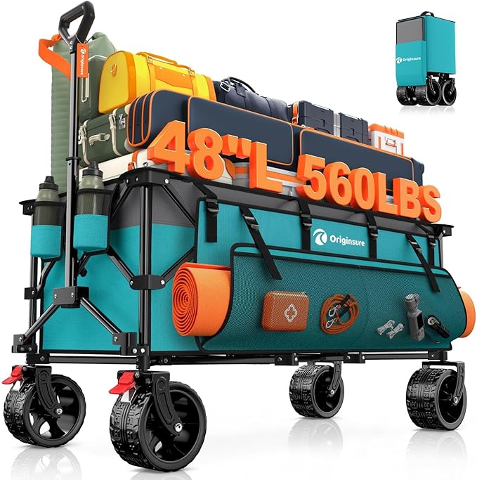 48" L Collapsible Beach Wagon Cart Foldable, 560LB Weight Capacity 300L Heavy Duty Folding Wagons with Big All-Terrain Wheels, Utility Carts for Groceries, Shopping, Camping, Sports - Grey&Turquoise