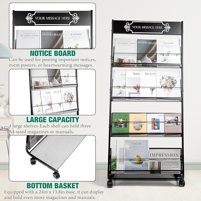 Floor Magazine Rack Brochure Display Stand 4-Layer With Wheels And Top Billboard, Newspaper Magazine Holder High-Hardness For Office Exhibitions, Black (57.5''*25''*13.2'')