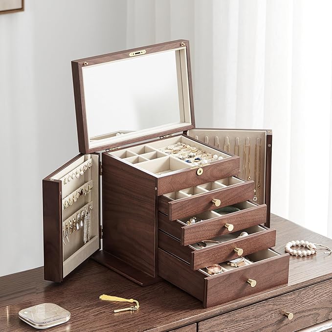 CHOSIN Black Walnut Wooden Jewelry Box for Women with Mirror, 5 Drawers and 2 Side Doors for Watches, Necklaces, Rings, Earrings Storage Christmas Gifts