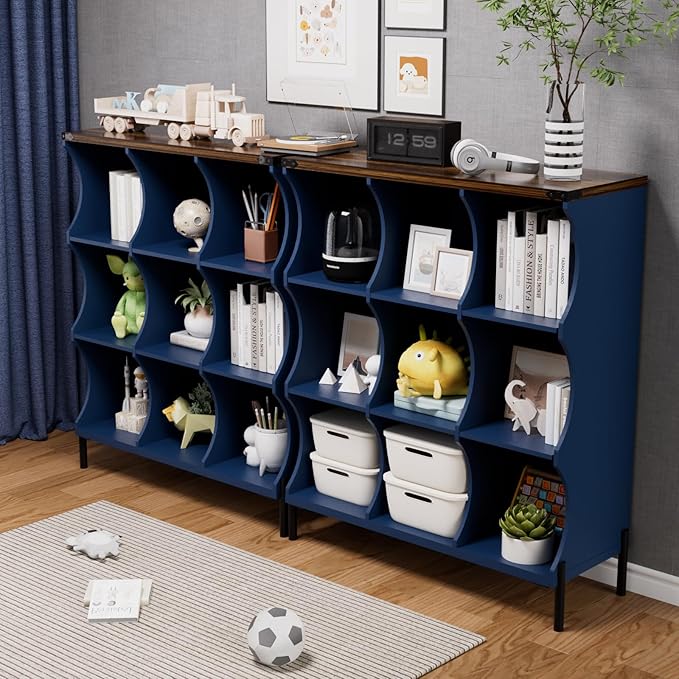 9 Cube Storage Shelf Organizer, Low Book Shelf Bookcase Entryway Table, Wood Closet Storage Display Cabinet TV Stand for Living Room, Office,Bedroom, Dorm, Blue with Natural Top