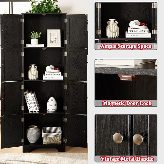 72" H Farmhouse Storage Cabinet, 4 Tier Kitchen Pantry Cabinet with 4 Shelves, 8 Doors Freestanding Floor Storage Cabinet Wooden Organizer Bookcase for Living Room & Kitchen (Black)