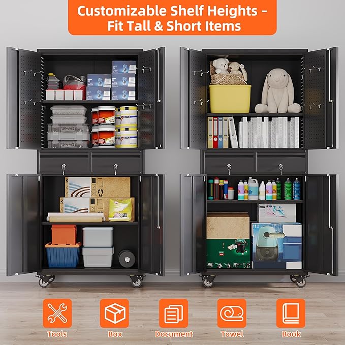 Aobabo Metal Garage Storage Cabinet with Wheels and 2 Locking Drawers, 71" H Steel Rolling Tool Cabinet with 8 Hooks and 2 Adjustable Shelves for, Home, Office, Assembly Required, Black