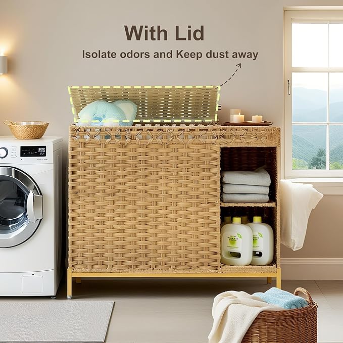 Laundry Hamper with Lid, 130L (34.4 Gal) Rattan Laundry Hamper 3 Section with 50L (13.2 Gal) Storage Shelf, Wicker Woven Laundry Sorter Basket with 4 Liner Bags and Handles, Gray GLH003G