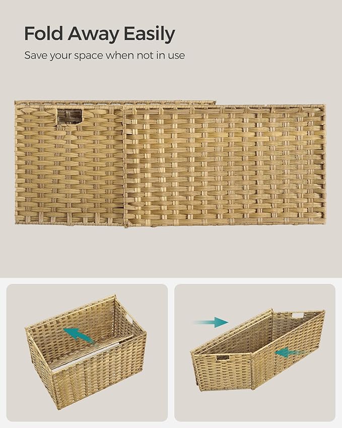 SONGMICS Storage Basket with Lid, Woven Blanket Storage Bin with Handles, Foldable, Removable Liner, Metal Frame, for Bedroom, Laundry Room, 27.7 Gallons (105 L), Natural URST066N01