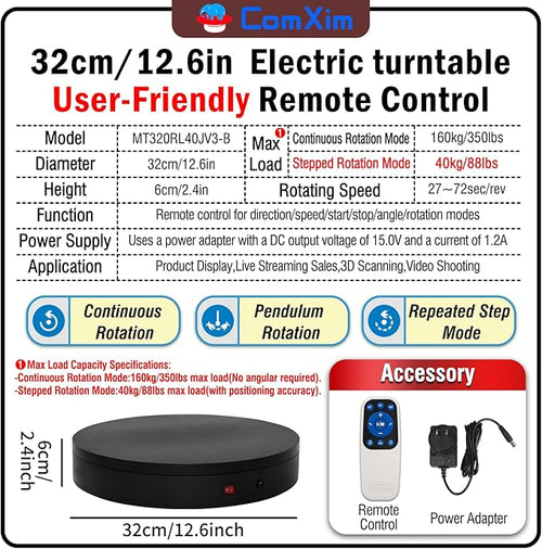 12.6Inch/350lbs Capacity Electric Motorized Turntable,Remote Rotating Display Stand ,Large Rotating Platform,Photography Turntable,Heavy Duty Display Turntables for Photography,3D Scanner,Exhibition